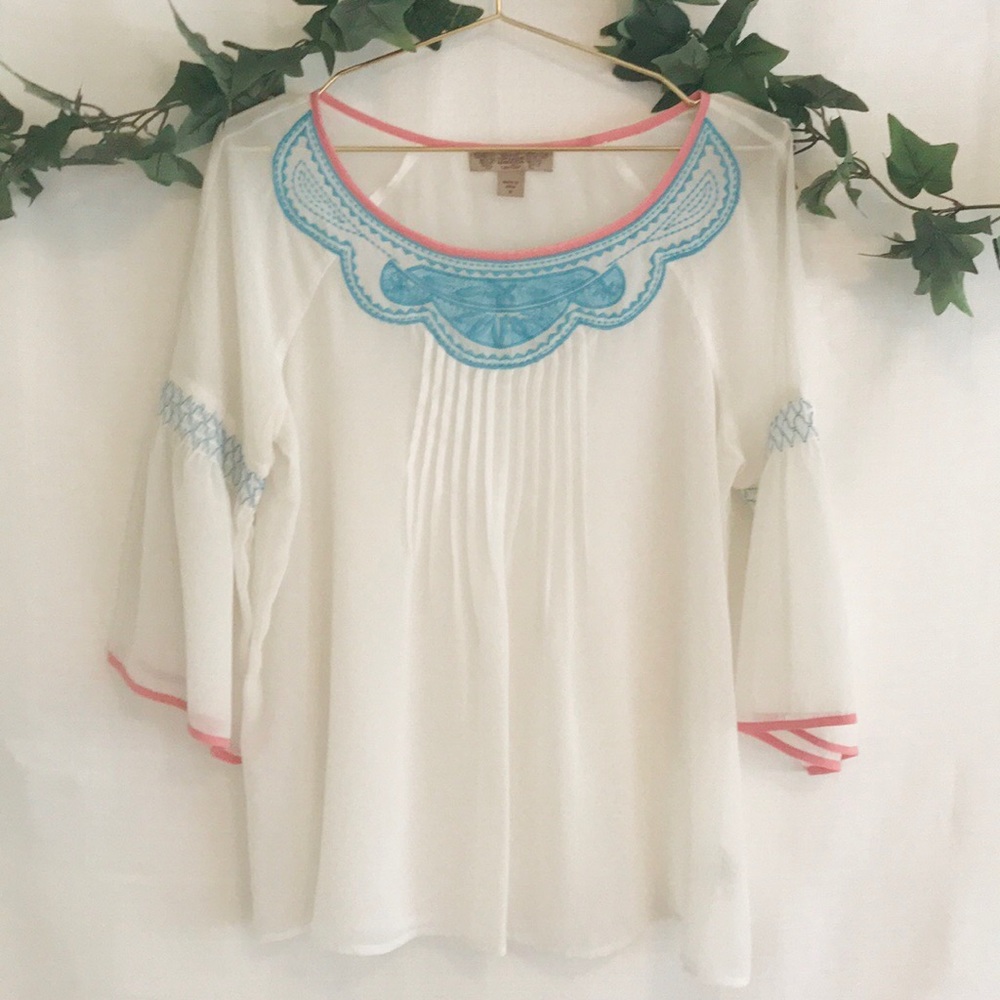 Vintage America sheer top, blue and pink detail!